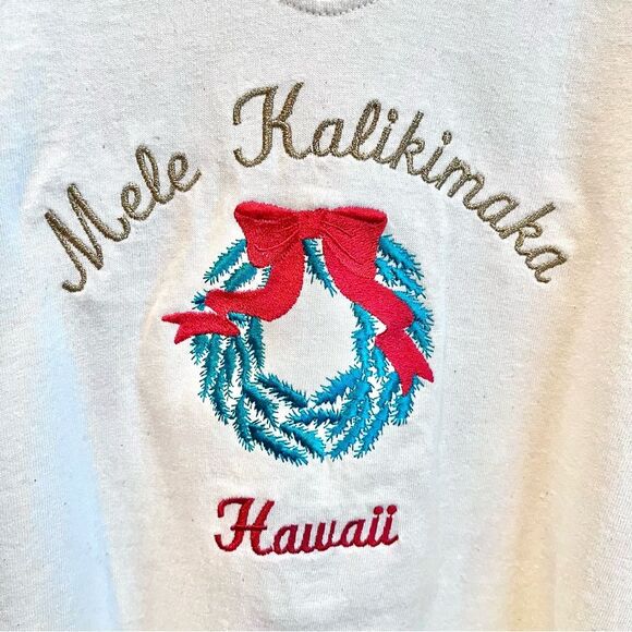 Mele kalikimaka Hawaii Christmas Tee Shirt Cream Size Large VINTAGE Christmas - Picture 2 of 4